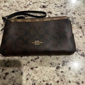 Coach Dark Brown and Tan Double Wristlet with Gold Accent